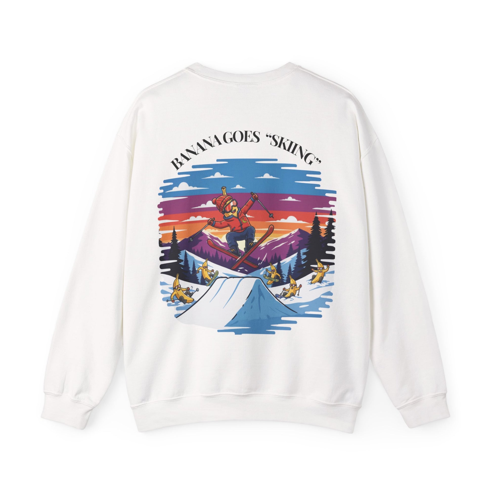 White sweatshirt with a colorful graphic of a skier and mountain scene on the back.