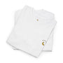 Folded white t-shirt with a logo on a white background