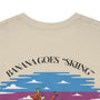 Beige t-shirt with 'Banana Goes Skiing' graphic design on a white background