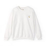 White sweatshirt with a small design on the chest against a white background