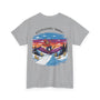 Gray t-shirt with a colorful graphic of a person skiing on the back