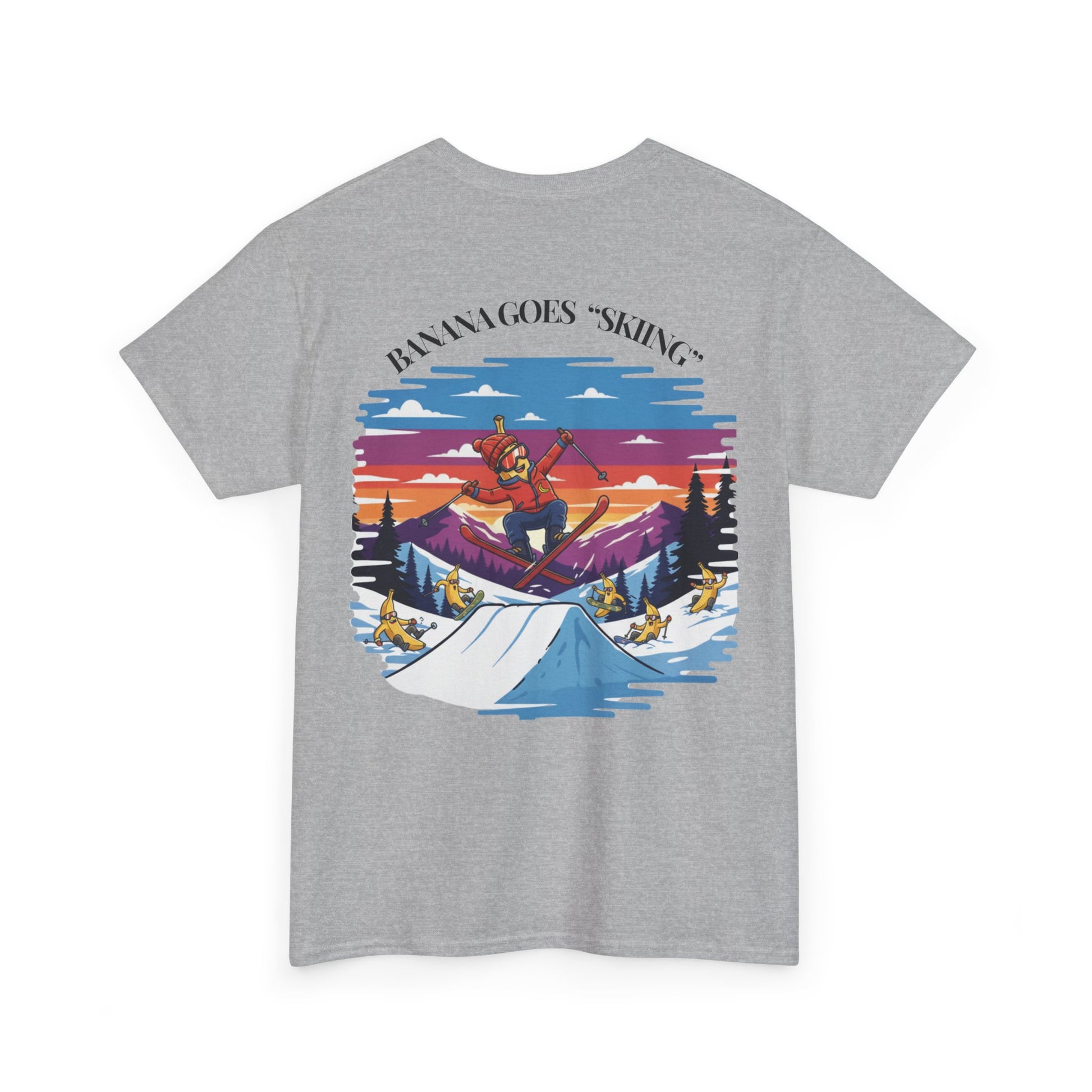 Gray t-shirt with a colorful graphic of a person skiing on the back