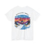 White t-shirt with a colorful graphic of a skier and mountain landscape on a white background
