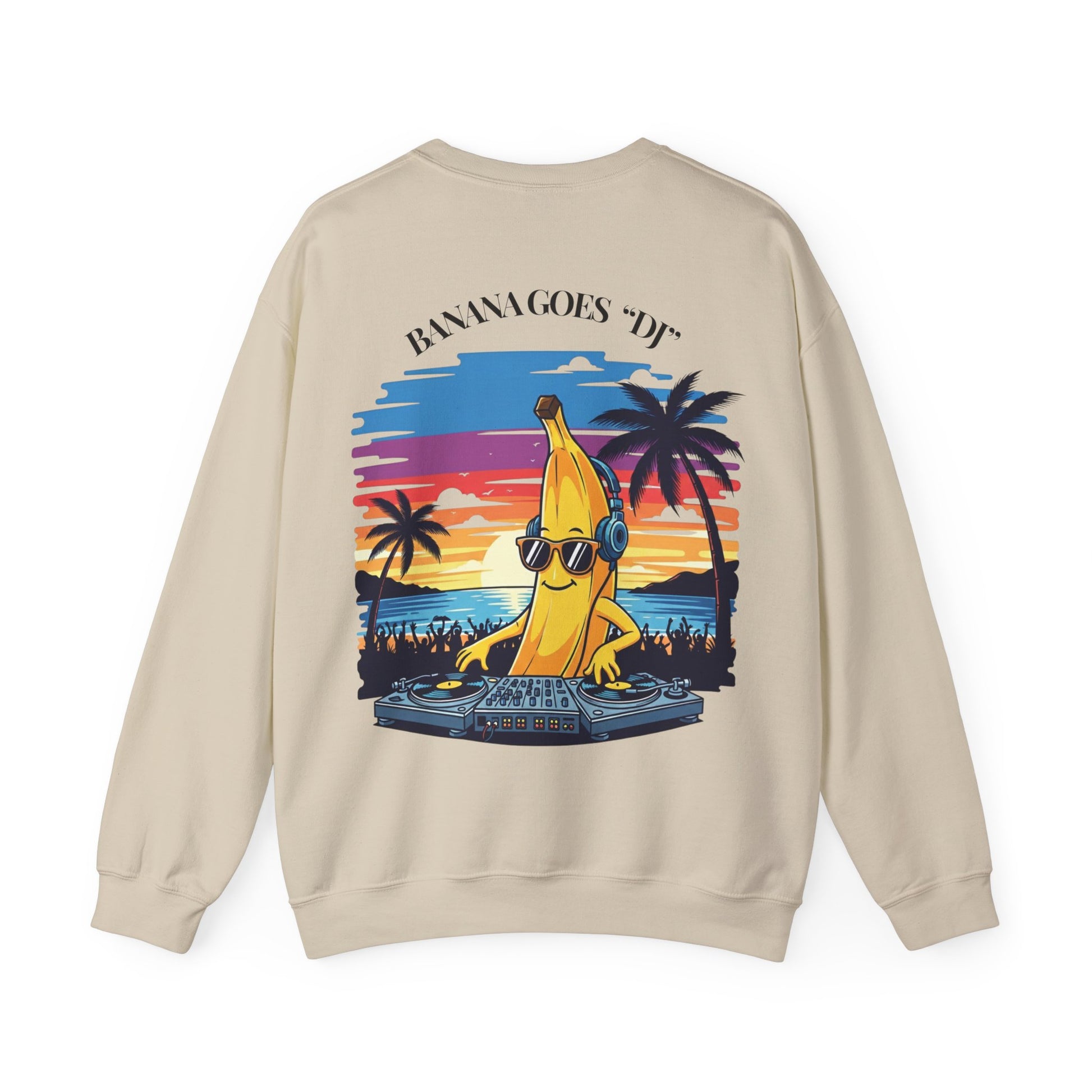 Beige sweatshirt with a banana DJ graphic on a white background