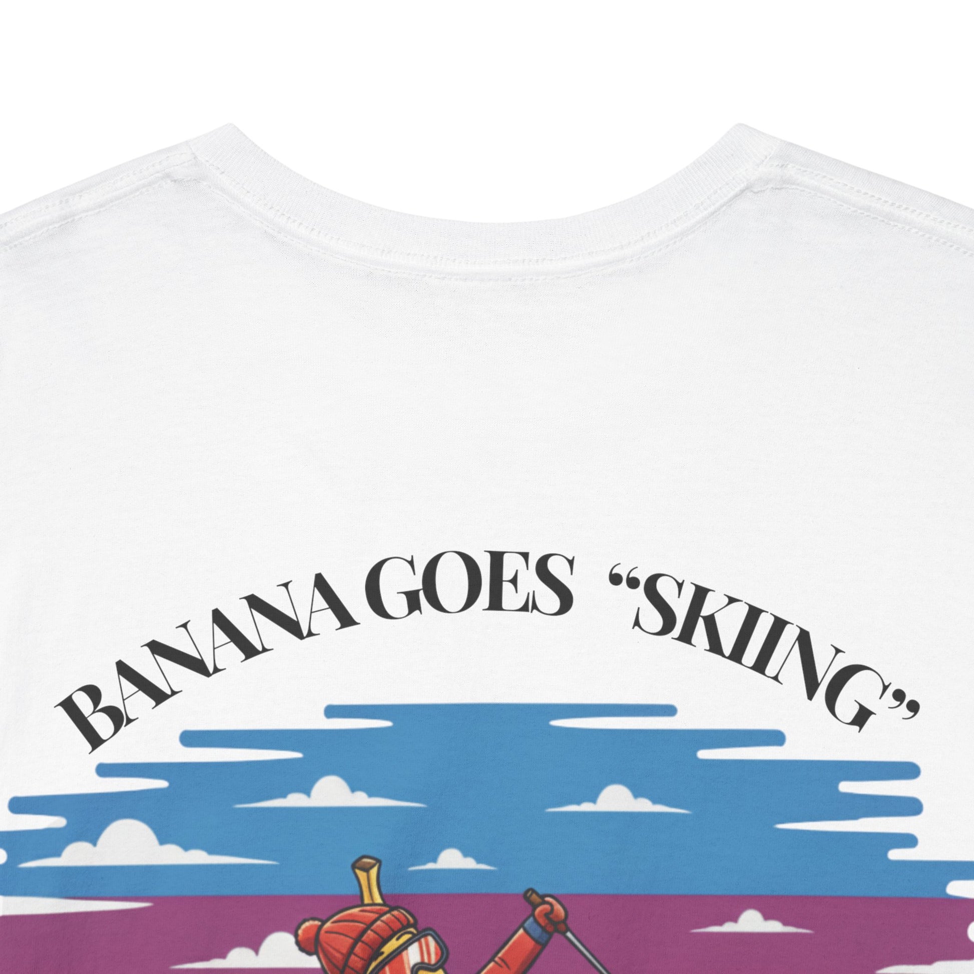 White t-shirt with 'Banana Goes Skiing' graphic design on a white background