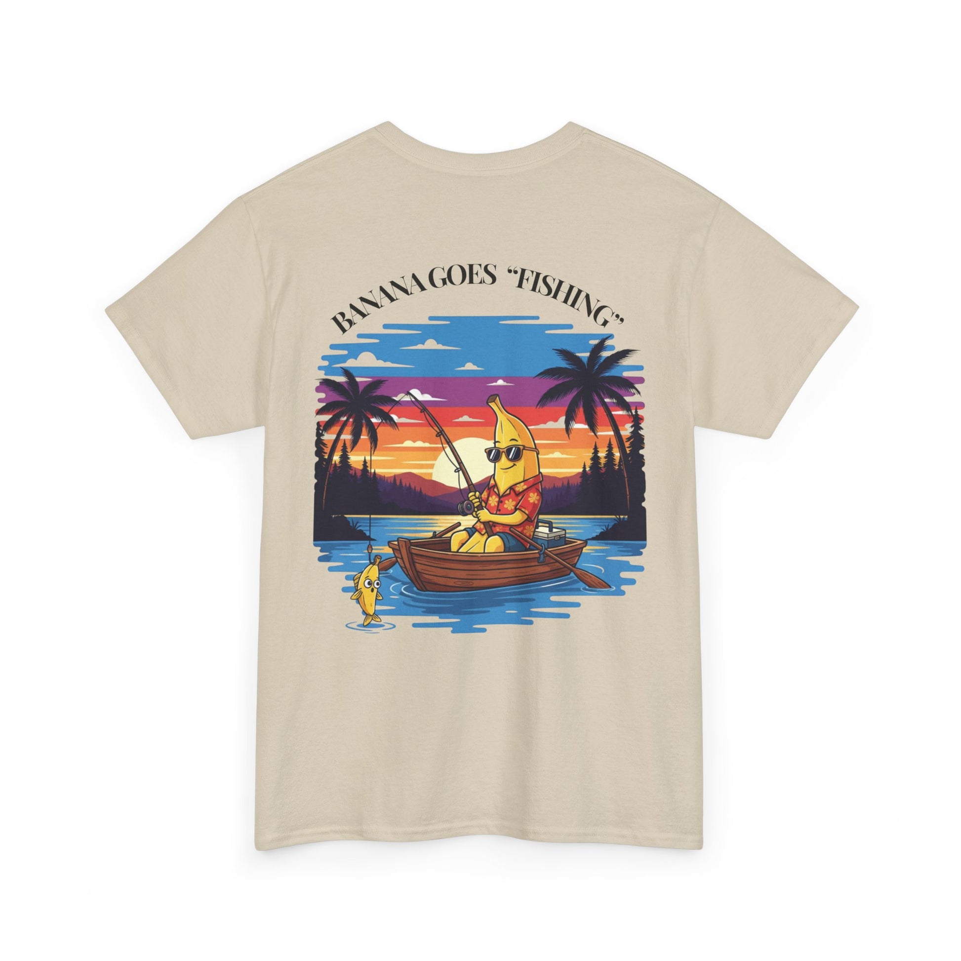 Beige t-shirt with a banana character fishing graphic on a white background