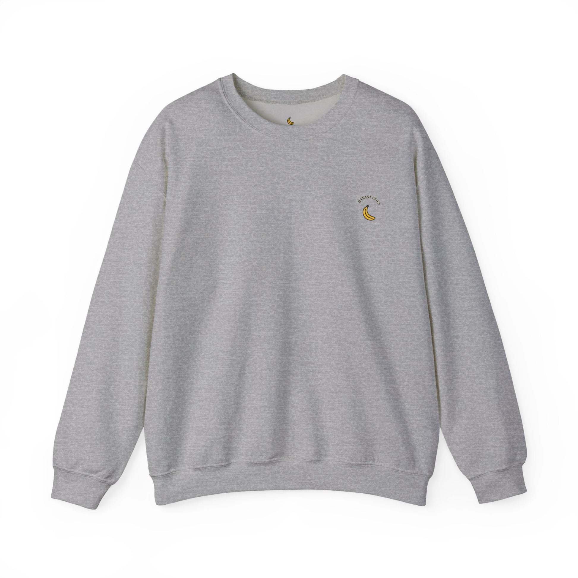 Gray sweatshirt with a small embroidered design on the chest against a white background
