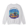 Gray sweatshirt with a colorful graphic on the back featuring people doing yoga.