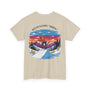 Beige t-shirt with a colorful graphic of a skier on a mountain and text 'Bama Goes Skiing' on the back.