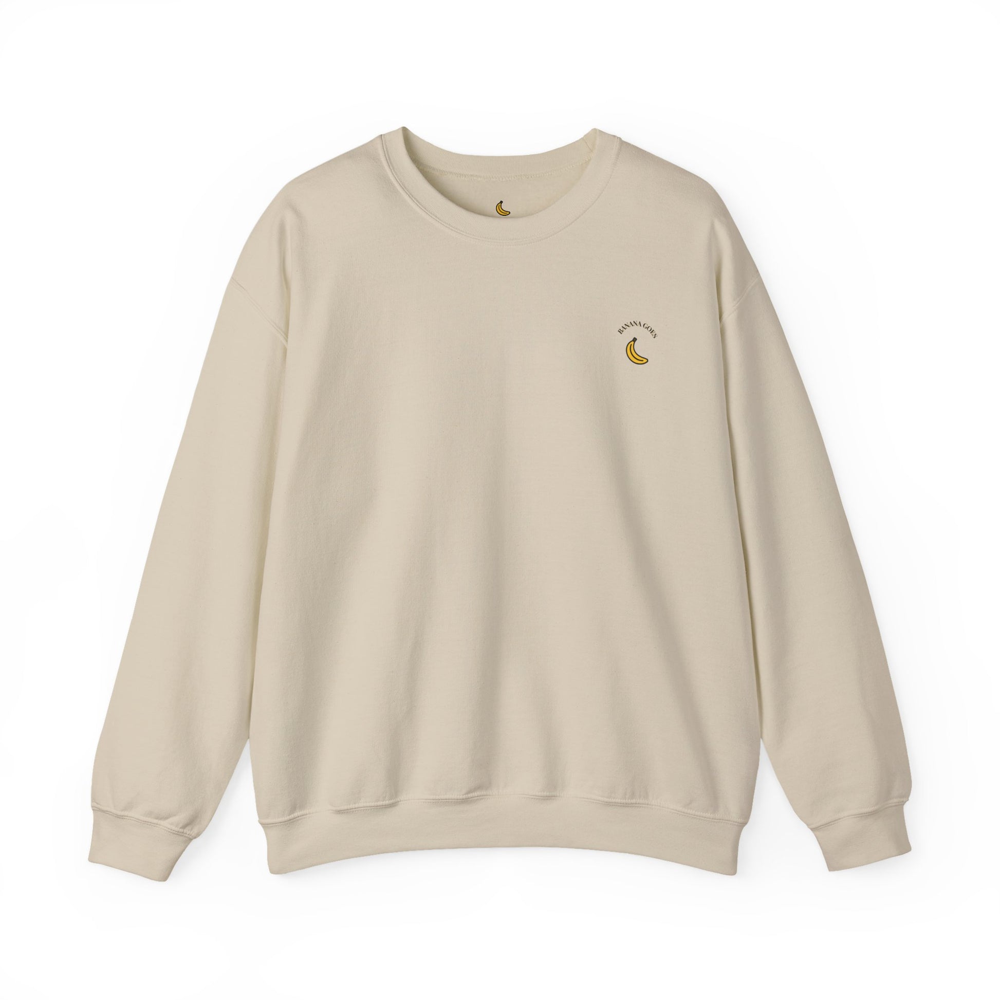 Beige sweatshirt with a small logo on a white background