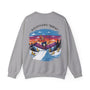 Gray sweatshirt with a colorful graphic of a skier on the back