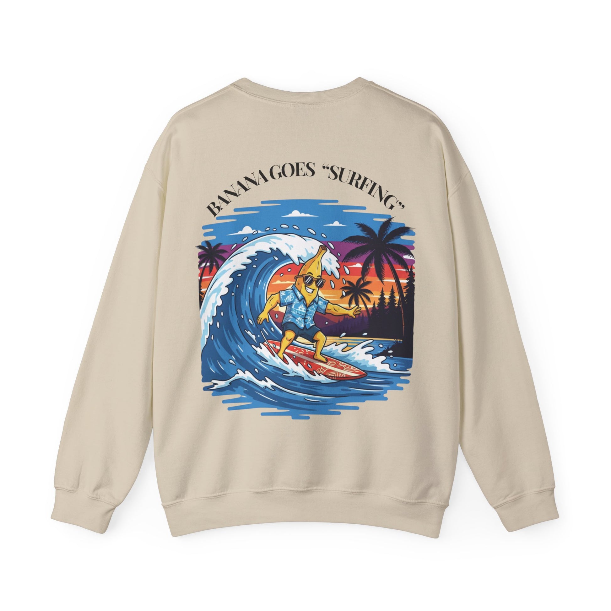 Beige sweatshirt with a colorful graphic of a dog surfing on a wave, palm trees, and the text 'Bunygoes Surfing'.