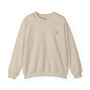 Beige sweatshirt with a small embroidered design on a white background