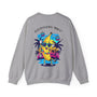 Gray sweatshirt with a colorful banana character design on the back, featuring palm trees and disco balls.
