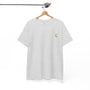 Gray t-shirt with a small logo on a hanger against a white background