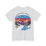 Gray t-shirt with a colorful graphic of a skier and mountain landscape on a white background