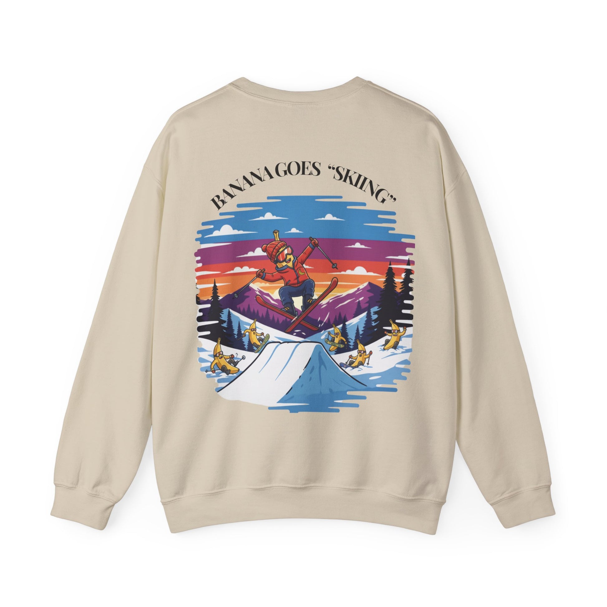 Beige sweatshirt with a colorful graphic of a skier on the back