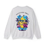 Gray sweatshirt with a colorful banana character graphic on the back, featuring palm trees and disco balls.