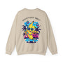 Beige sweatshirt with a colorful banana character design on the back, featuring palm trees and disco balls.