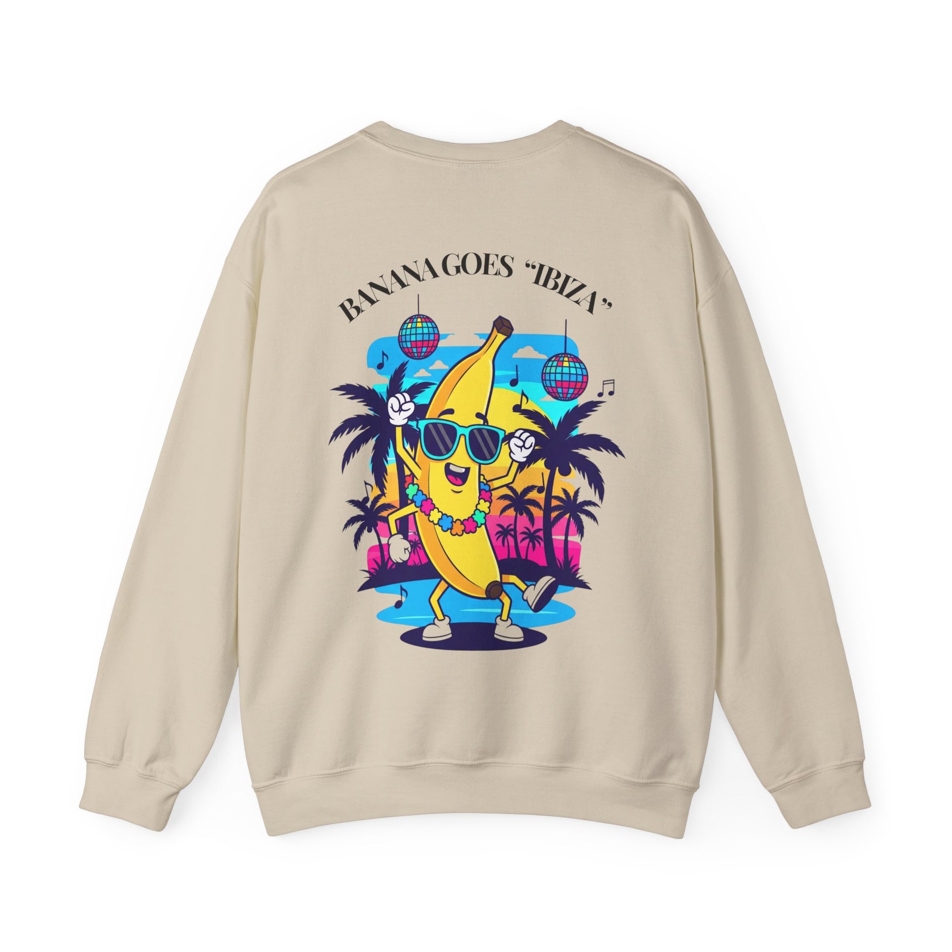 Beige sweatshirt with a colorful banana character design on the back, featuring palm trees and disco balls.