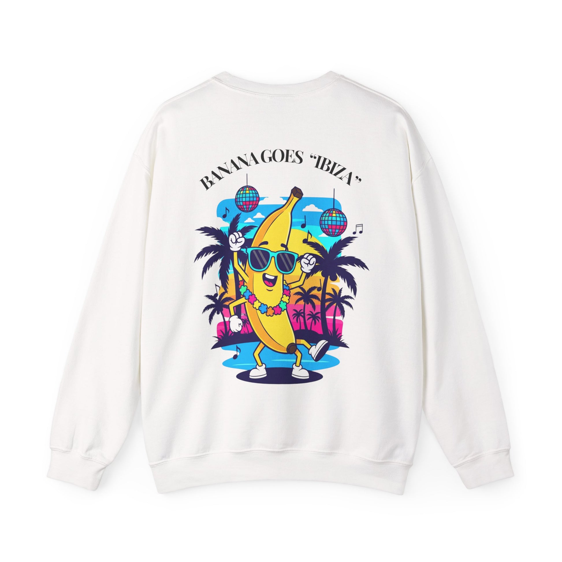 White sweatshirt with a colorful graphic of a banana character and 'Banana Goes Ibiza' text on a white background