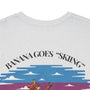 Gray t-shirt with 'Banana Goes Skiing' graphic design on a white background