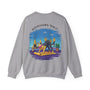 Gray sweatshirt with a colorful graphic on the back featuring people doing yoga and text.