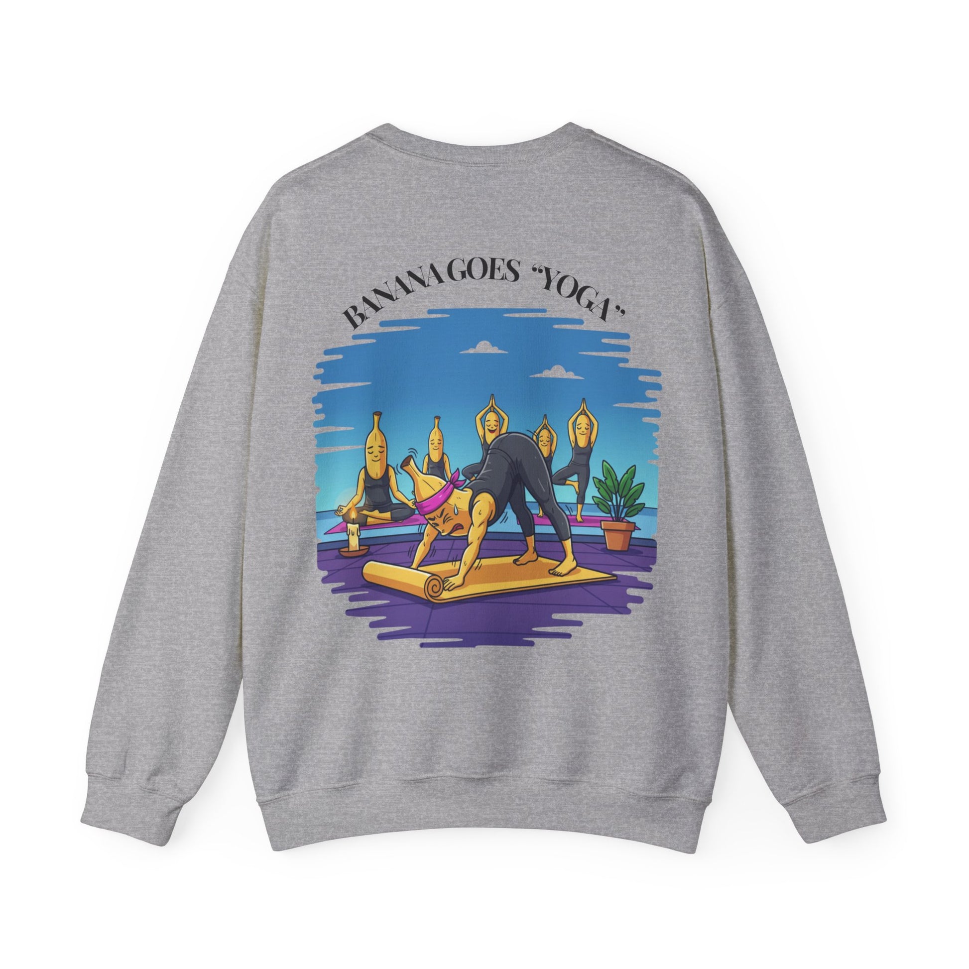 Gray sweatshirt with a colorful graphic on the back featuring people doing yoga and text.