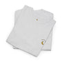 Folded gray t-shirt with embroidered designs on a white background