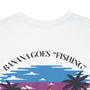 White t-shirt with 'Banana Goes Fishing' graphic design on a white background