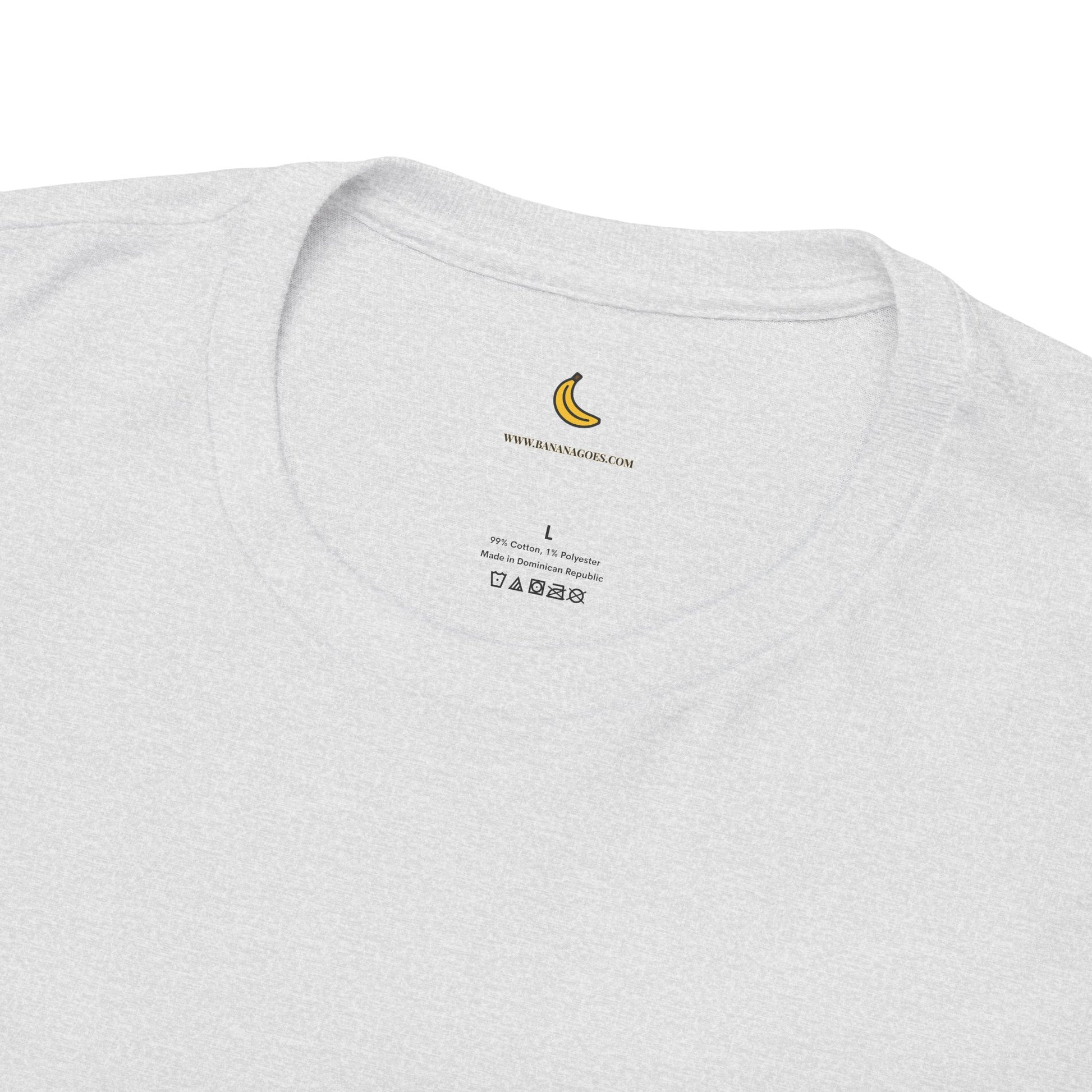 Gray t-shirt with a banana logo and text on a white background
