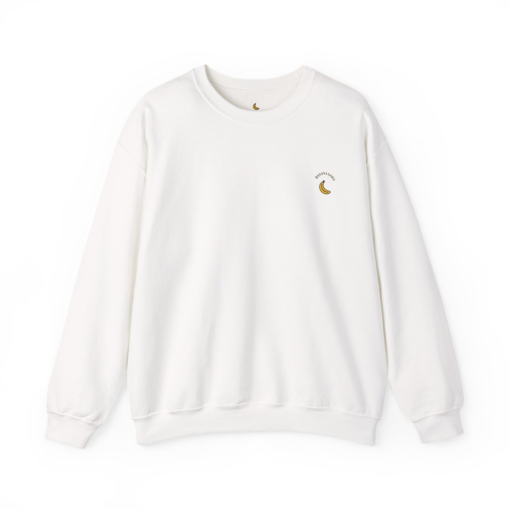 White sweatshirt with a small graphic on a white background