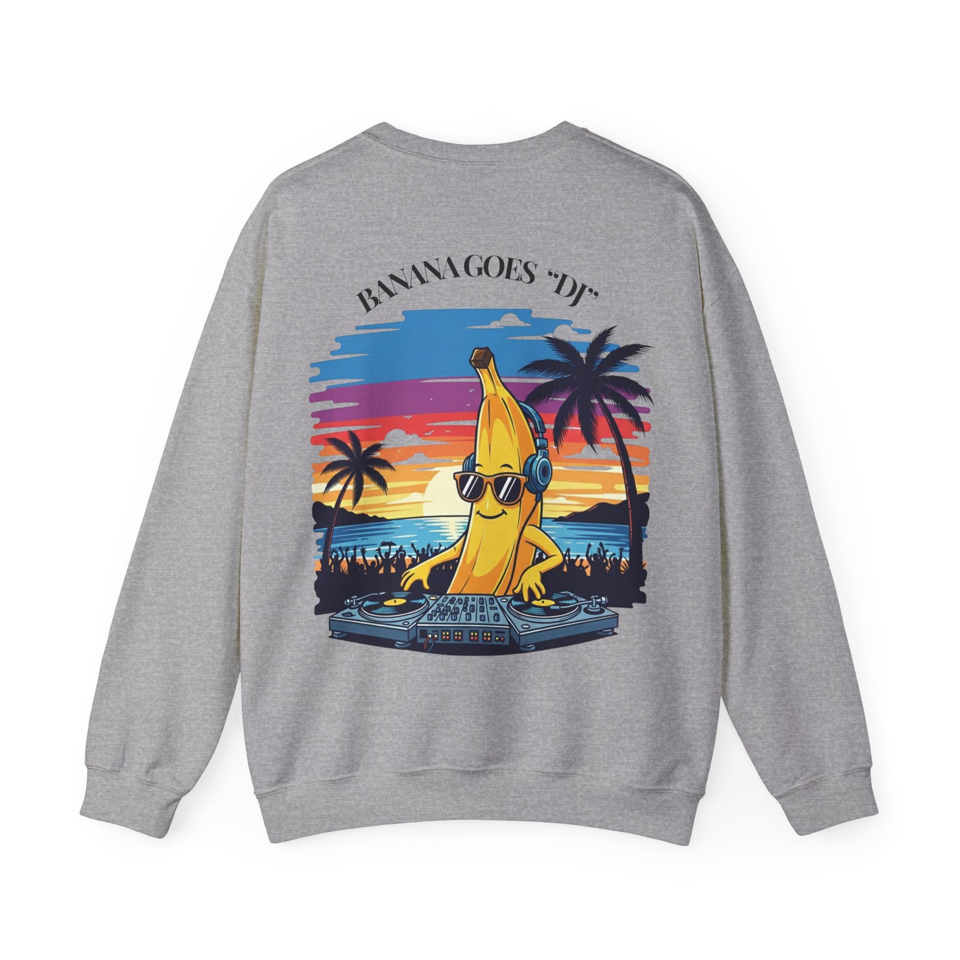Gray sweatshirt with a colorful graphic of a banana DJ on a white background