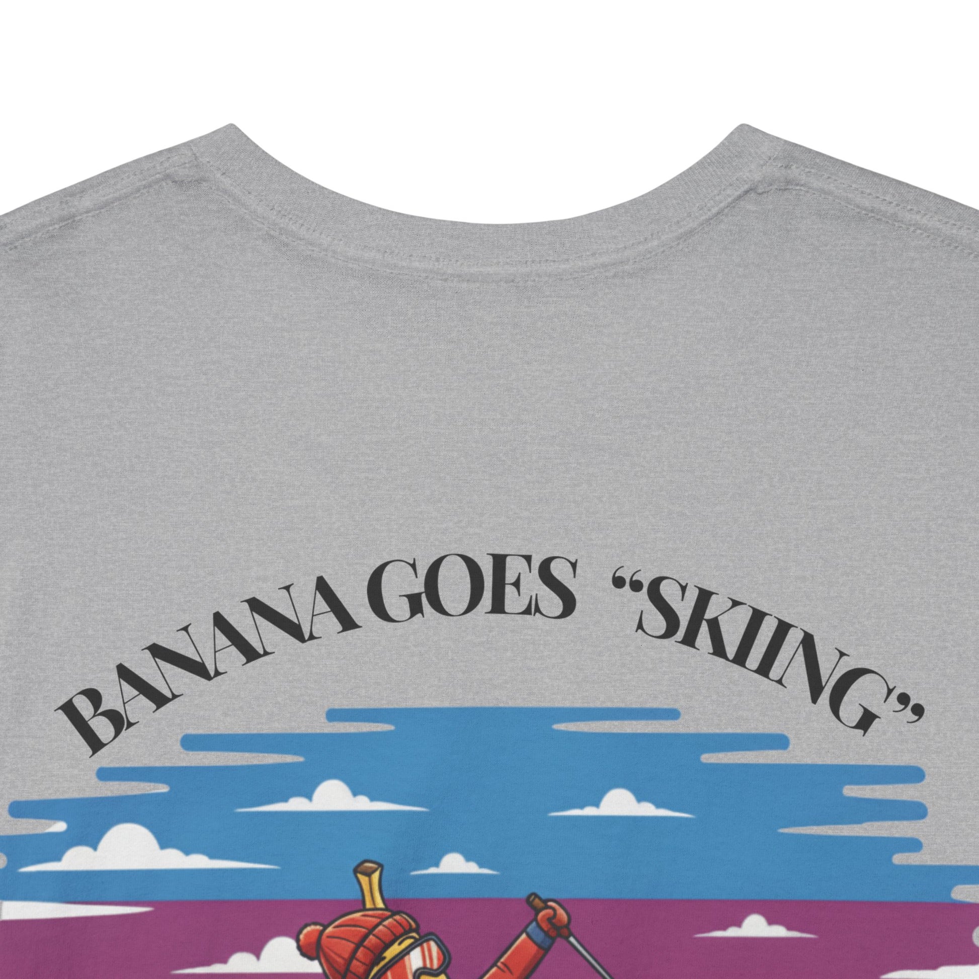 Gray t-shirt with 'Banana Goes Skiing' graphic design on a white background