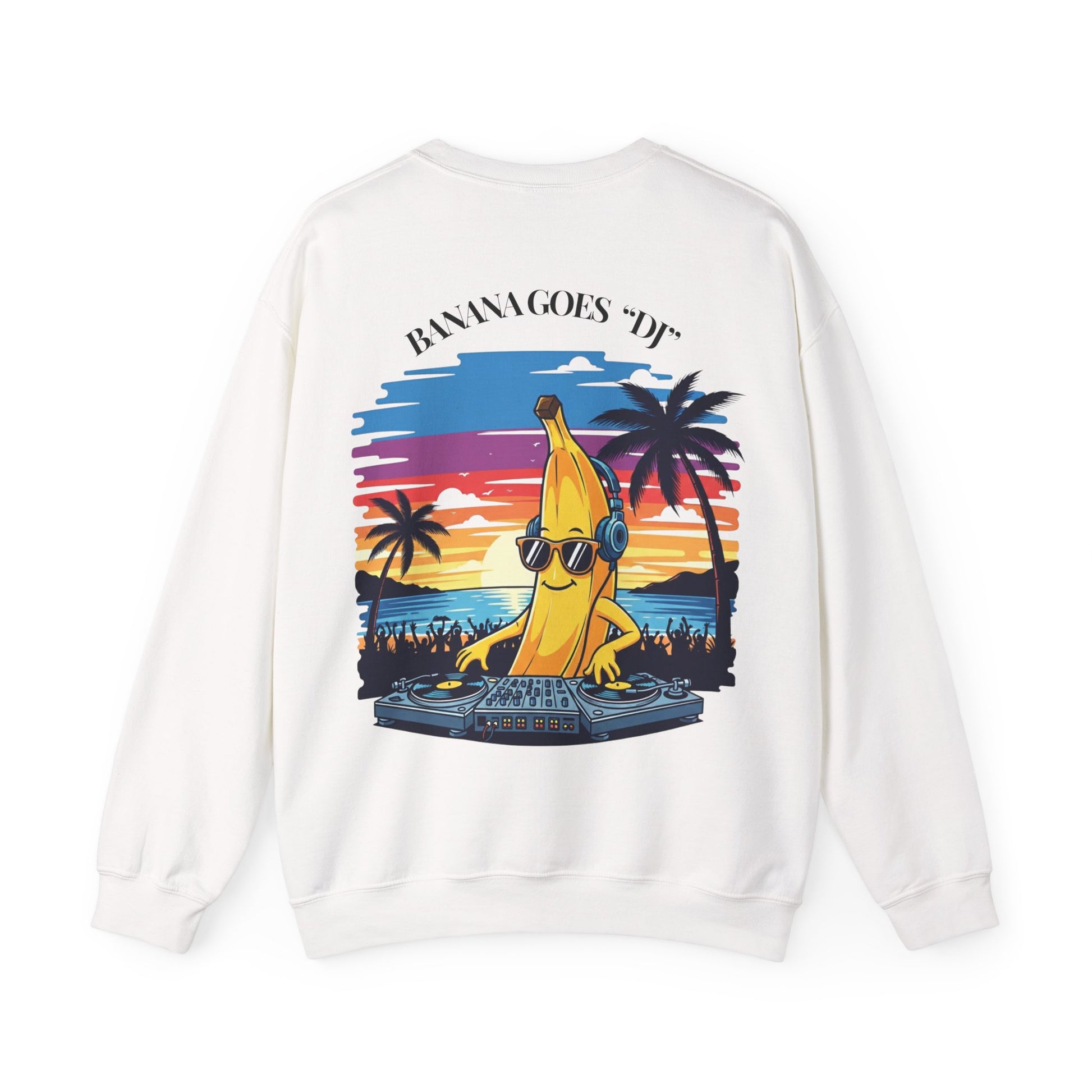 White sweatshirt with a banana DJ graphic on a white background