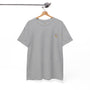 Gray t-shirt with a small logo on a hanger against a white background
