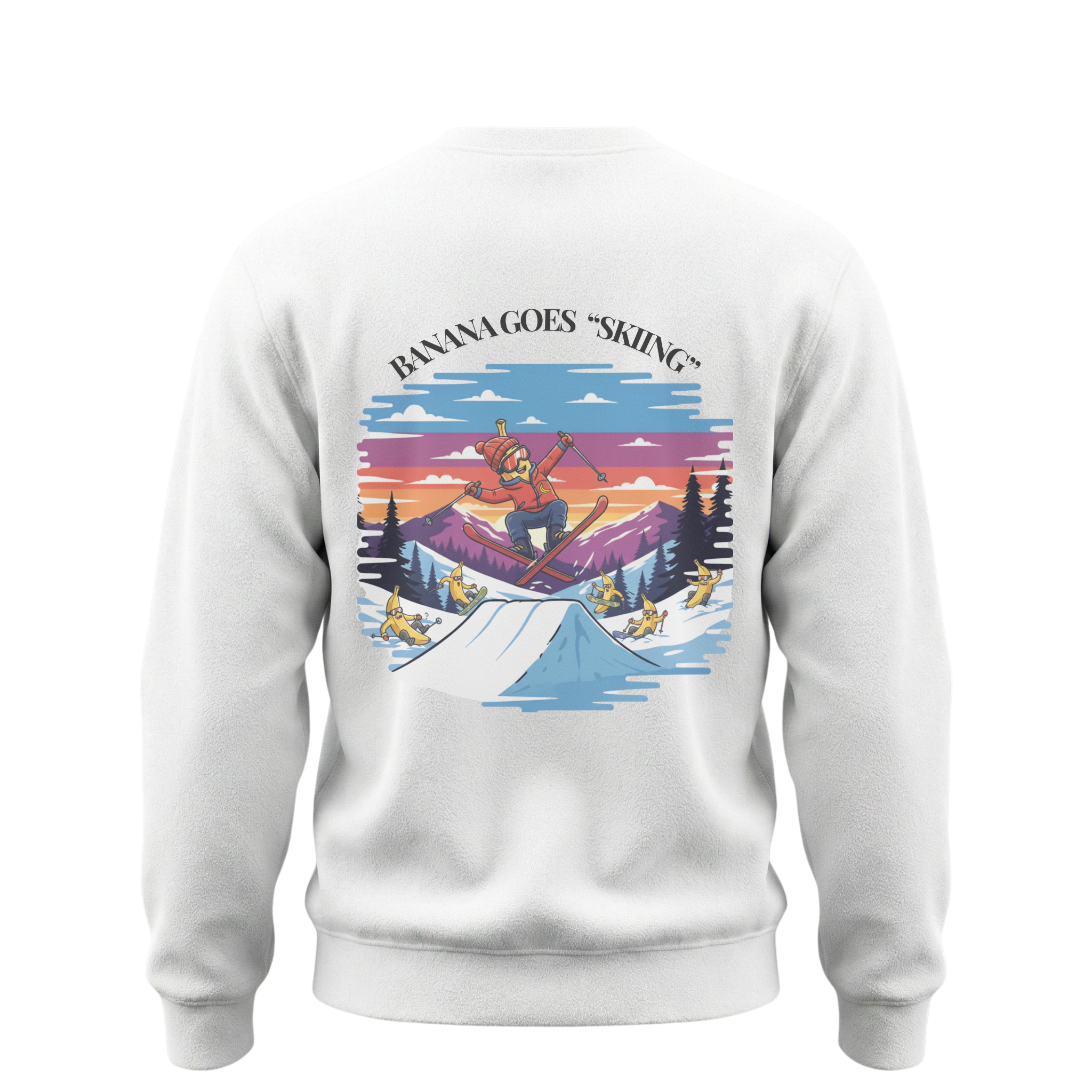 White sweatshirt with a colorful graphic of a person skiing on a mountain, with text 'Banana Goes Skiing'.