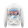 White sweatshirt with a colorful graphic of a person skiing on a mountain, with text 'Banana Goes Skiing'.